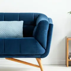 Sofá azul profundo con cojín claro. Un toque de color turquesa en la decoración con una planta y libros en una mesita de madera.