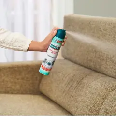 Mano rociando desinfectante Sanytol en un sofá para eliminar el mal olor.