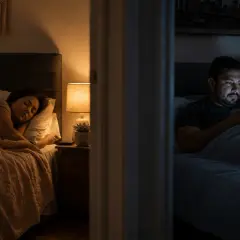 Una mujer duerme plácidamente mientras un hombre, en otra cama, mira su móvil. ¿Dormir juntos o separados?