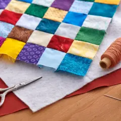Un trozo de tela de patchwork con cuadrados de colores, tijeras, hilos y dedal. Así se empieza un proyecto de patchwork.