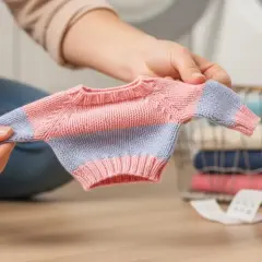 Manos sostienen un suéter de bebé a rayas rosas y azules, demostrando que el algodón encoge al lavarlo.