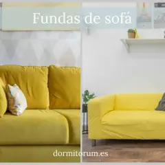 Dos sofás amarillos, uno con cojines y otro con funda. Aprende como hacer una funda de sofá para renovar tu salón.