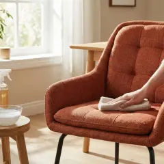 Persona limpia una silla tapizada naranja con un paño. Se ven productos de limpieza, incluyendo amoniaco, y un cepillo.
