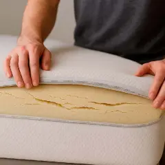 Man checking a mattress with cracked foam. This is a clear sign of cómo saber si mi colchón ya no sirve.