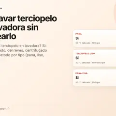 Guía para lavar terciopelo sintético en lavadora: ciclo delicado, 30°C, del revés, 400-600 RPM.