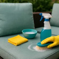 Mano con guante amarillo limpiando almohada de exterior con cepillo y espuma. Kit para limpiar almohadas en seco con spray y paño.