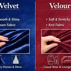Velvetón es un tejido suave y brillante, ideal para vestidos de lujo y decoración. El velour, en cambio, es elástico y perfecto para ropa casual.