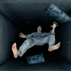 Un hombre en pijama experimenta una caida al vacio dentro de un túnel oscuro, con almohadas flotando a su alrededor.
