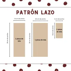 Patrón para como hacer un lazo de tela grande: tres piezas de tela de diferentes tamaños (28x14cm, 28x20cm, 10x6cm).