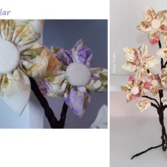 Flores de tela hechas a mano, perfectas para manualidades y decoración. Un árbol decorativo con flores de tela, ideal para crear un ambiente único.
