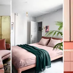 Sofá curvo rosa palo, cama con manta verde y baño moderno. Una paleta que sabe combinar rojo y rosa palo con elegancia.