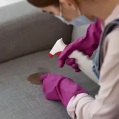 Persona con guantes rosas rocía un sofá gris con un limpiador, mostrando cómo limpiar sofá de ante.