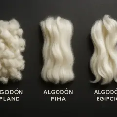 Tres tipos de algodón: Upland, Pima y Egipcio, mostrando sus distintas texturas y longitudes de fibra.