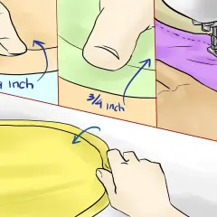 Pasos para como hacer un mantel redondo: dobladillo de 1/4 y 3/4 pulgada, luego coser con máquina.