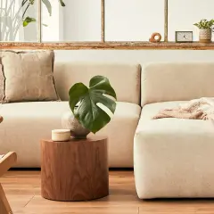 Sofá beige con cojines y manta. Mesa auxiliar de madera con planta y reloj. Ideas para limpia tapicerias casero.