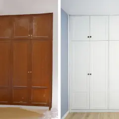 Armario empotrado antes y después de pintar. El mueble de madera oscura se transforma en un armario blanco moderno y luminoso.