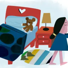 Una niña camina con los ojos cerrados, como si fuera sonámbula, mientras su osito duerme en la cama.