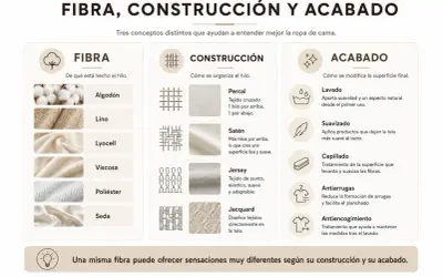 Infografía sobre fibra, construcción y acabado de textiles. Muestra usos del algodón, lino, lyocell, viscosa, poliéster y seda.