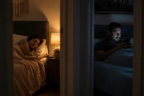 Una mujer duerme plácidamente mientras un hombre, en otra cama, mira su móvil. ¿Dormir juntos o separados?