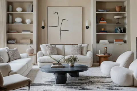 Salones blancos con sofás cómodos, mesa de centro oscura y arte abstracto. Estanterías llenas de libros y objetos decorativos.
