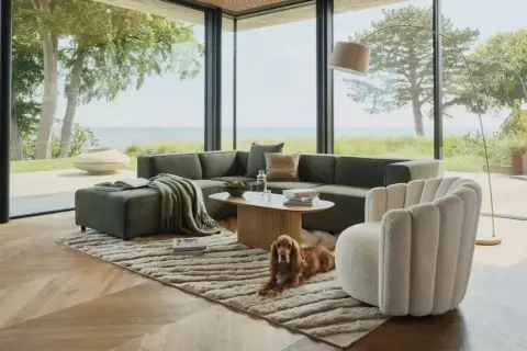 Un perro descansa junto a un sofá modular verde y un sillón blanco, mostrando la diferencia entre butaca y sillón en un salón moderno con vistas al mar.