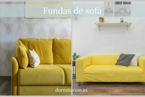 Dos sofás amarillos, uno con cojines y otro con funda. Aprende como hacer una funda de sofá para renovar tu salón.