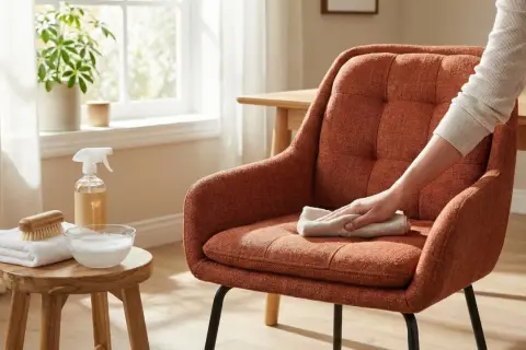 Persona limpia una silla tapizada naranja con un paño. Se ven productos de limpieza, incluyendo amoniaco, y un cepillo.
