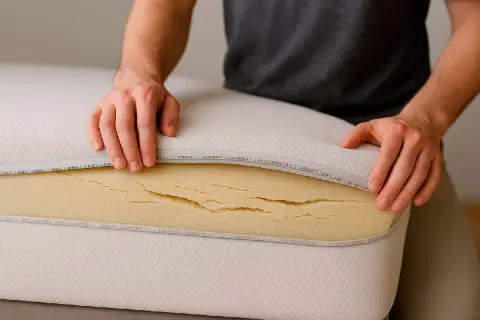 Man checking a mattress with cracked foam. This is a clear sign of cómo saber si mi colchón ya no sirve.