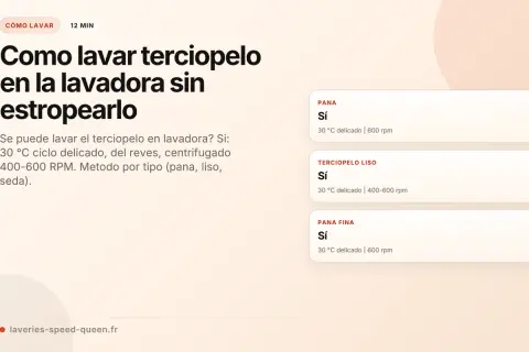 Guía para lavar terciopelo sintético en lavadora: ciclo delicado, 30°C, del revés, 400-600 RPM.
