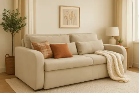 Sofá beige con cojines naranjas y manta tejida, perfecto para decorar sofá y crear un ambiente acogedor.