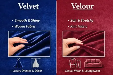 Velvetón es un tejido suave y brillante, ideal para vestidos de lujo y decoración. El velour, en cambio, es elástico y perfecto para ropa casual.