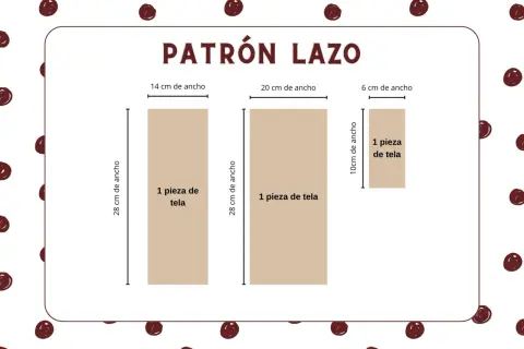 Patrón para como hacer un lazo de tela grande: tres piezas de tela de diferentes tamaños (28x14cm, 28x20cm, 10x6cm).