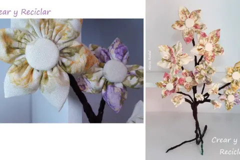 Flores de tela hechas a mano, perfectas para manualidades y decoración. Un árbol decorativo con flores de tela, ideal para crear un ambiente único.