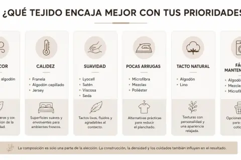 Guía de tipos de fibra textil: frescor, calidez, suavidad, pocas arrugas, tacto natural y fácil mantenimiento.