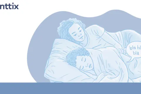 Una pareja duerme abrazada. Uno de ellos habla en sueños, diciendo "bla bla bla", quizás explicando por que se habla en sueños.
