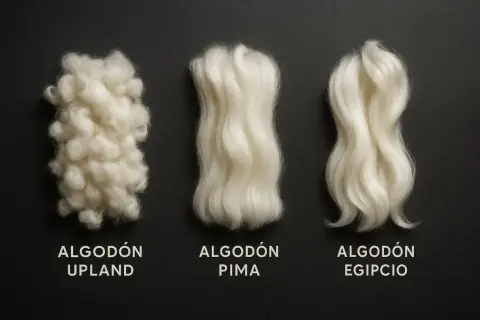 Tres tipos de algodón: Upland, Pima y Egipcio, mostrando sus distintas texturas y longitudes de fibra.