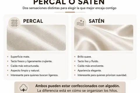 Comparación de percal y satén, un tejido parecido al raso. El percal es mate y crujiente, el satén es brillante y fluido.
