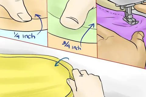 Pasos para como hacer un mantel redondo: dobladillo de 1/4 y 3/4 pulgada, luego coser con máquina.