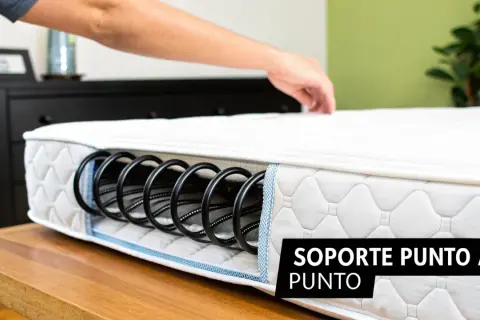 Un colchón muestra su interior con resortes negros, explicando qué significa muelles ensacados para un soporte ideal.