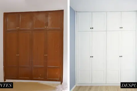 Armario empotrado antes y después de pintar. El mueble de madera oscura se transforma en un armario blanco moderno y luminoso.