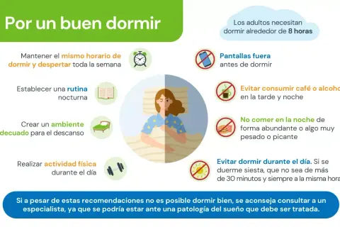 Consejos para dormir bien: rutina, ambiente, ejercicio, evitar pantallas, café, alcohol y cenas pesadas. Si no duermes bien, consulta a un especialista.
