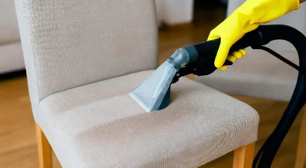 Mano con guante amarillo usa aspiradora para limpiar silla de tela, mostrando cómo quitar manchas de sillas de tela.