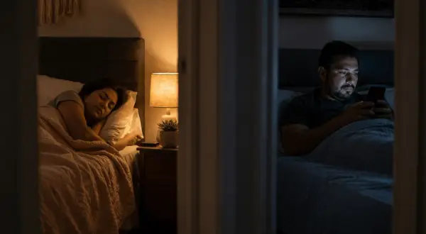 Una mujer duerme plácidamente mientras un hombre, en otra cama, mira su móvil. ¿Dormir juntos o separados?