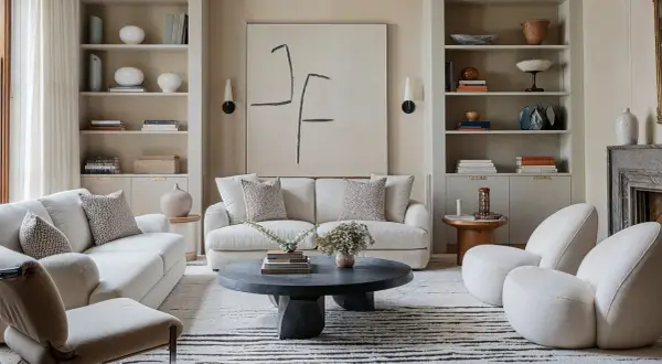 Salones blancos con sofás cómodos, mesa de centro oscura y arte abstracto. Estanterías llenas de libros y objetos decorativos.