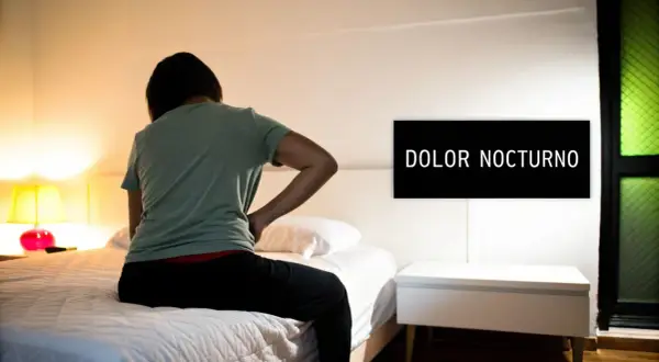 Persona con dolor de espalda sentada en la cama, buscando cómo dormir con hernia discal. El letrero dice "DOLOR NOCTURNO".