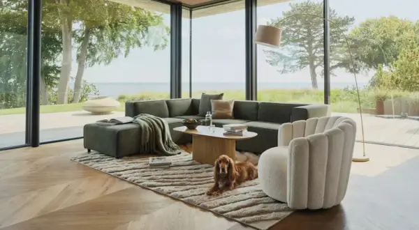 Un perro descansa junto a un sofá modular verde y un sillón blanco, mostrando la diferencia entre butaca y sillón en un salón moderno con vistas al mar.