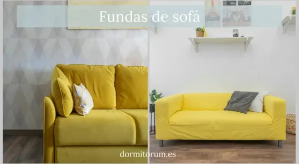 Dos sofás amarillos, uno con cojines y otro con funda. Aprende como hacer una funda de sofá para renovar tu salón.