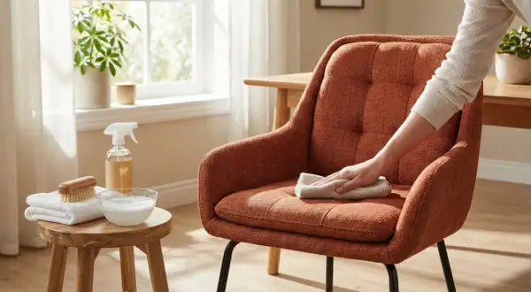 Persona limpia una silla tapizada naranja con un paño. Se ven productos de limpieza, incluyendo amoniaco, y un cepillo.