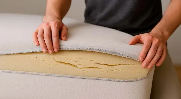 Man checking a mattress with cracked foam. This is a clear sign of cómo saber si mi colchón ya no sirve.