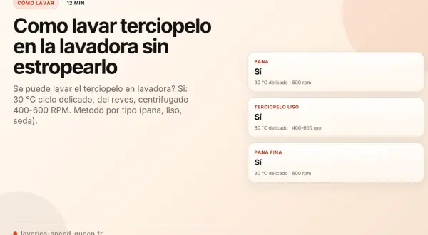 Guía para lavar terciopelo sintético en lavadora: ciclo delicado, 30°C, del revés, 400-600 RPM.
